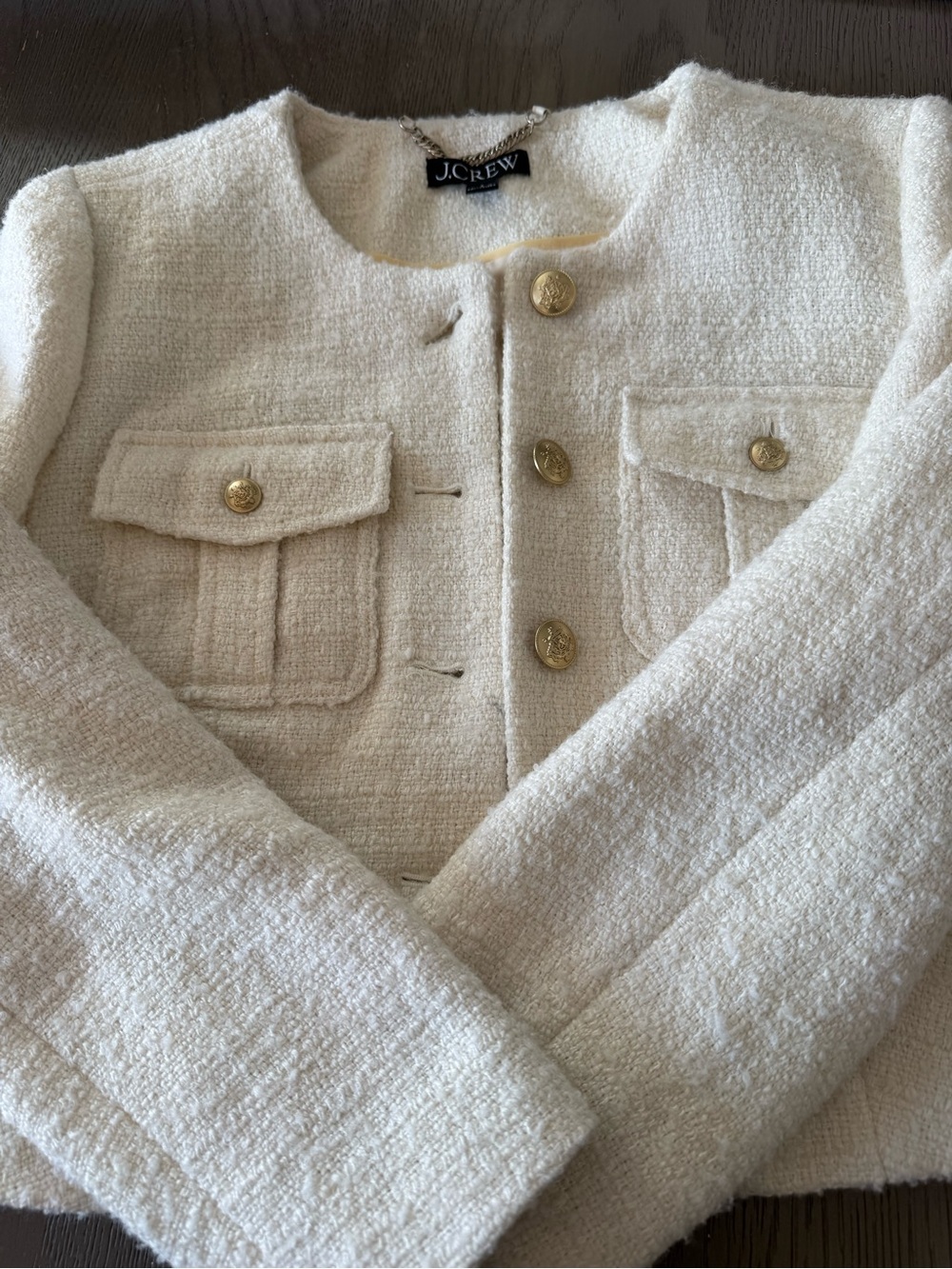 Cropped Bouclé Jacket with Gold Buttons - Cream Great Winter White  Blazer - Picture 2 of 8